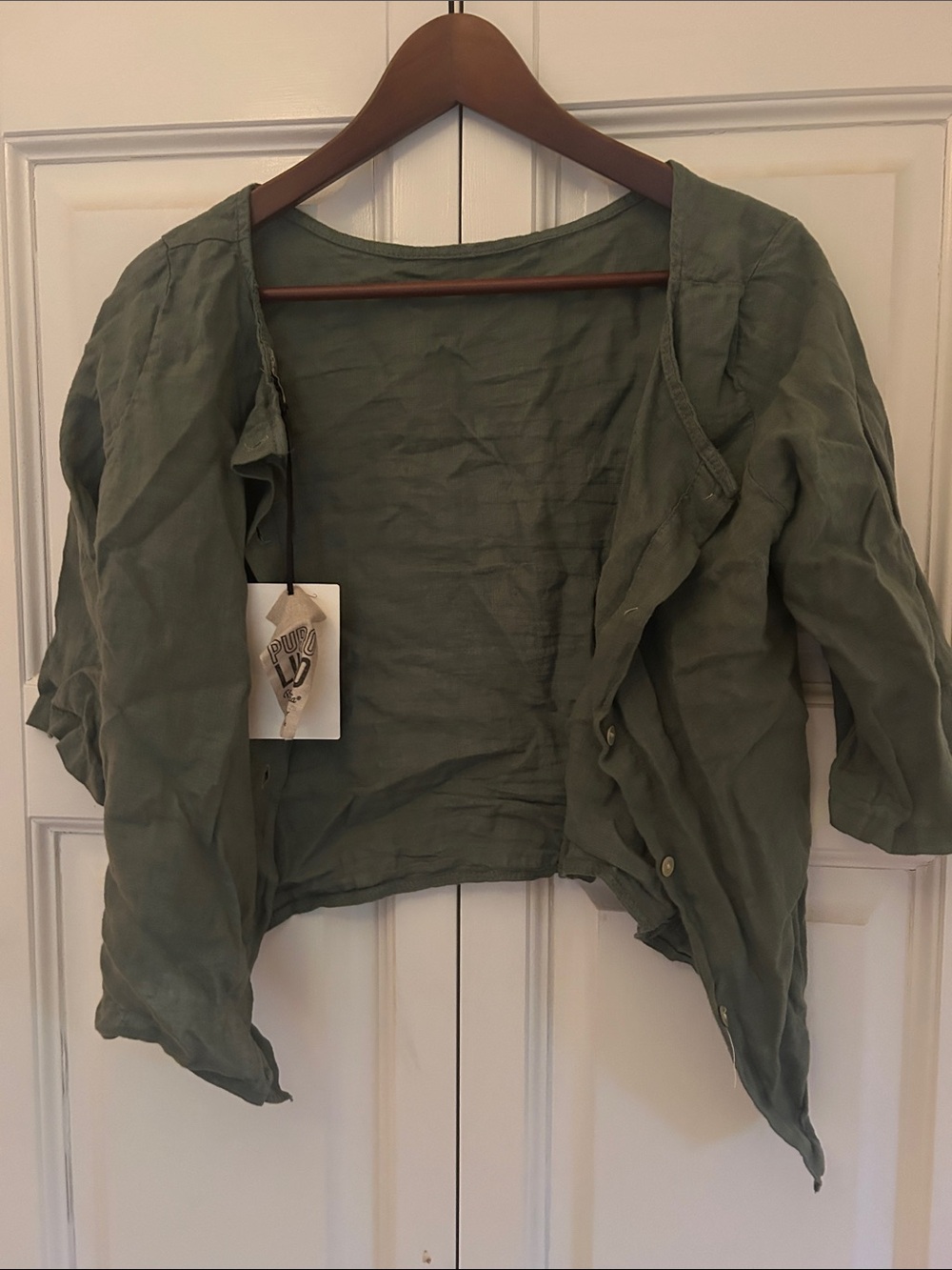 Italian Olive Green Women's Cropped Button Linen Shirt